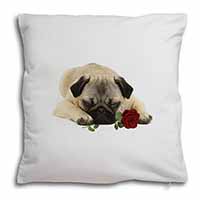 Pug Dog with a Red Rose Soft White Velvet Feel Scatter Cushion