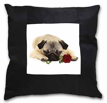 Pug Dog with a Red Rose Black Satin Feel Scatter Cushion