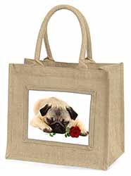 Pug Dog with a Red Rose Natural/Beige Jute Large Shopping Bag
