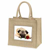 Pug Dog with a Red Rose Natural/Beige Jute Large Shopping Bag