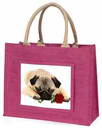 Pug Dog with a Red Rose Large Pink Jute Shopping Bag