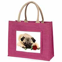Pug Dog with a Red Rose Large Pink Jute Shopping Bag