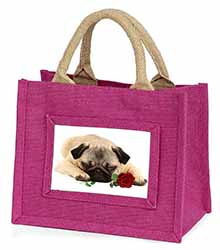 Pug Dog with a Red Rose Little Girls Small Pink Jute Shopping Bag