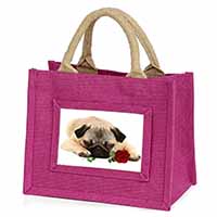 Pug Dog with a Red Rose Little Girls Small Pink Jute Shopping Bag