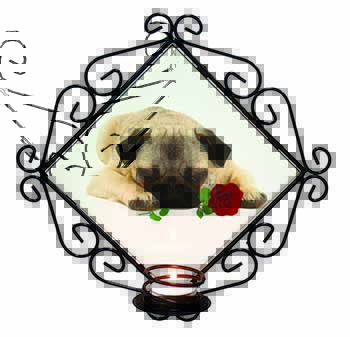 Pug Dog with a Red Rose Wrought Iron Wall Art Candle Holder
