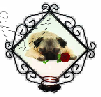 Pug Dog with a Red Rose Wrought Iron Wall Art Candle Holder