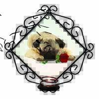 Pug Dog with a Red Rose Wrought Iron Wall Art Candle Holder