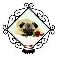 Pug Dog with a Red Rose Wrought Iron Wall Art Candle Holder