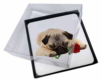 4x Pug Dog with a Red Rose Picture Table Coasters Set in Gift Box