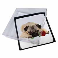 4x Pug Dog with a Red Rose Picture Table Coasters Set in Gift Box