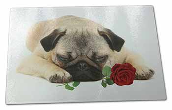 Large Glass Cutting Chopping Board Pug Dog with a Red Rose