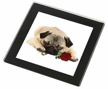 Pug Dog with a Red Rose Black Rim High Quality Glass Coaster