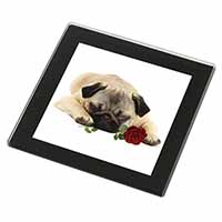 Pug Dog with a Red Rose Black Rim High Quality Glass Coaster