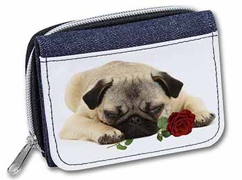 Pug Dog with a Red Rose Unisex Denim Purse Wallet