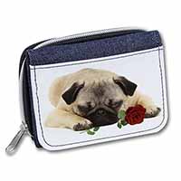 Pug Dog with a Red Rose Unisex Denim Purse Wallet