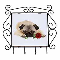 Pug Dog with a Red Rose Wrought Iron Key Holder Hooks