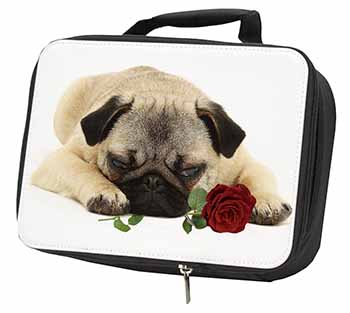 Pug Dog with a Red Rose Black Insulated School Lunch Box/Picnic Bag