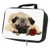 Pug Dog with a Red Rose Black Insulated School Lunch Box/Picnic Bag