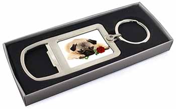 Pug Dog with a Red Rose Chrome Metal Bottle Opener Keyring in Box