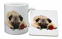 Pug Dog with a Red Rose Mug and Coaster Set