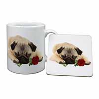 Pug Dog with a Red Rose Mug and Coaster Set