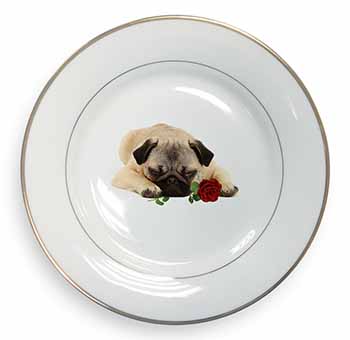Pug Dog with a Red Rose Gold Rim Plate Printed Full Colour in Gift Box