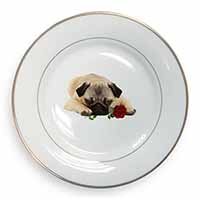 Pug Dog with a Red Rose Gold Rim Plate Printed Full Colour in Gift Box