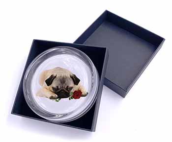 Pug Dog with a Red Rose Glass Paperweight in Gift Box