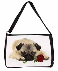 Pug Dog with a Red Rose Large Black Laptop Shoulder Bag School/College