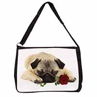 Pug Dog with a Red Rose Large Black Laptop Shoulder Bag School/College