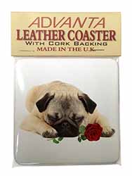 Pug Dog with a Red Rose Single Leather Photo Coaster