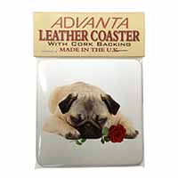 Pug Dog with a Red Rose Single Leather Photo Coaster
