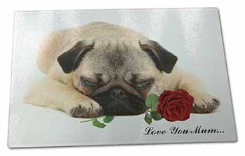 Large Glass Cutting Chopping Board Fawn Pug with Rose 