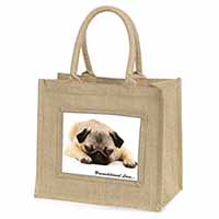 Pug Dog-With Love Natural/Beige Jute Large Shopping Bag