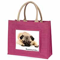 Pug Dog-With Love Large Pink Jute Shopping Bag