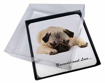 4x Pug Dog-With Love Picture Table Coasters Set in Gift Box