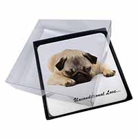 4x Pug Dog-With Love Picture Table Coasters Set in Gift Box