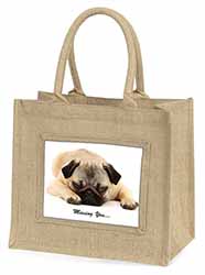 Pug Dog " Missing You " Sentiment Natural/Beige Jute Large Shopping Bag