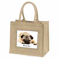 Pug Dog " Missing You " Sentiment Natural/Beige Jute Large Shopping Bag