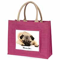 Pug Dog " Missing You " Sentiment Large Pink Jute Shopping Bag