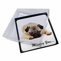 4x Pug Dog " Missing You " Sentiment Picture Table Coasters Set in Gift Box