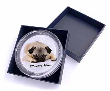 Pug Dog " Missing You " Sentiment Glass Paperweight in Gift Box