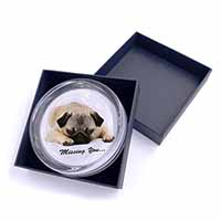 Pug Dog " Missing You " Sentiment Glass Paperweight in Gift Box