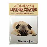 Pug Dog " Missing You " Sentiment Single Leather Photo Coaster