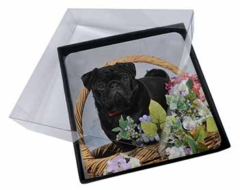 4x Black Pug Dog Picture Table Coasters Set in Gift Box
