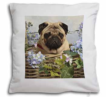 Fawn Pug Dog in a Basket Soft White Velvet Feel Scatter Cushion