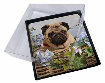 4x Fawn Pug Dog in a Basket Picture Table Coasters Set in Gift Box