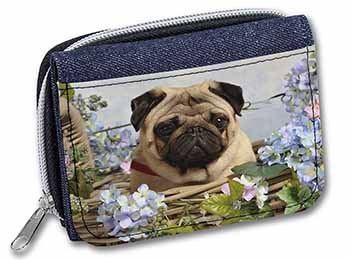 Fawn Pug Dog in a Basket Unisex Denim Purse Wallet