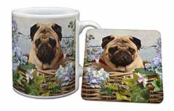 Fawn Pug Dog in a Basket Mug and Coaster Set