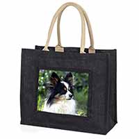 Papillon Dog Large Black Jute Shopping Bag